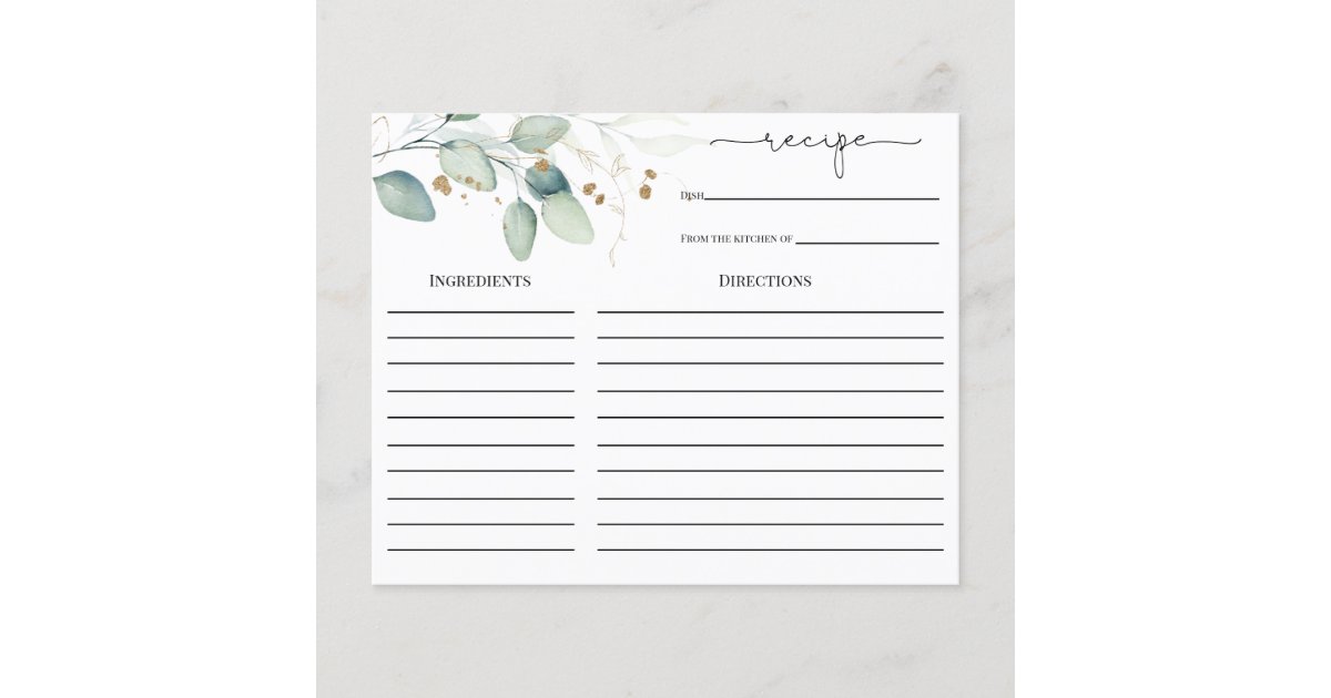 Eucalyptus Gold Bridal Shower Recipe card | Zazzle