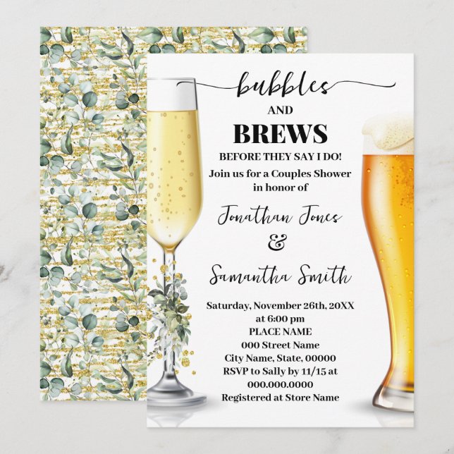 Eucalyptus & Gold Bubbles and Brews Couples Shower Invitation (Front/Back)