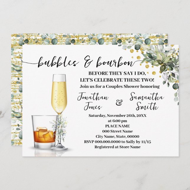 Eucalyptus Gold Bubbles & Bourbon Couples Shower Invitation (Front/Back)
