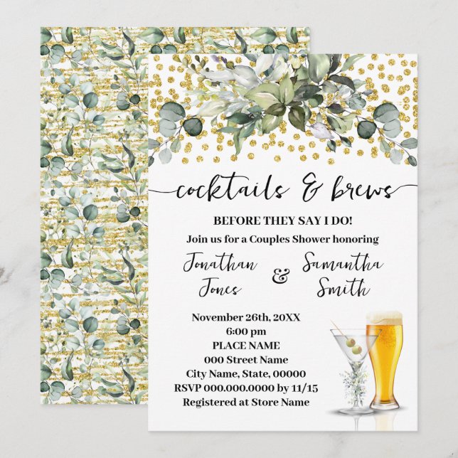 Eucalyptus Gold Cocktails and Brews Couples Shower Invitation (Front/Back)