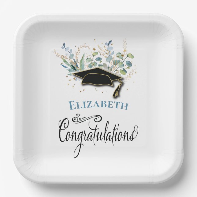 Eucalyptus Gold Congratulations Graduation Party Paper Plates (Front)