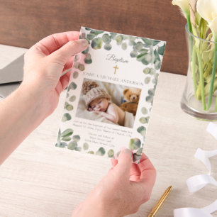 Eucalyptus Gold Cross Baby Baptism Photo Vellum Invitations