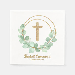 Eucalyptus Gold Cross Christening Napkins