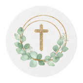 Eucalyptus Gold Cross First Communion Edible Frosting Rounds (Front)