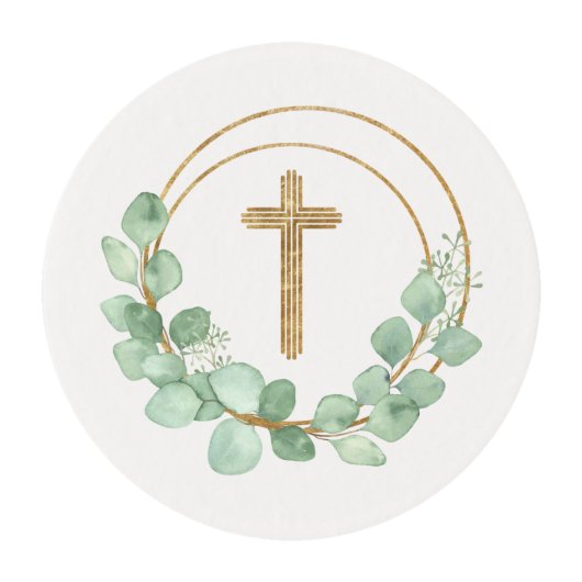 Eucalyptus Gold Cross First Communion Edible Frosting Rounds (Front)