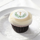 Eucalyptus Gold Cross First Communion Edible Frosting Rounds (Cupcake)
