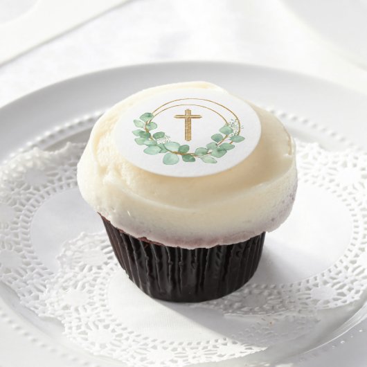 Eucalyptus Gold Cross First Communion Edible Frosting Rounds (Cupcake)