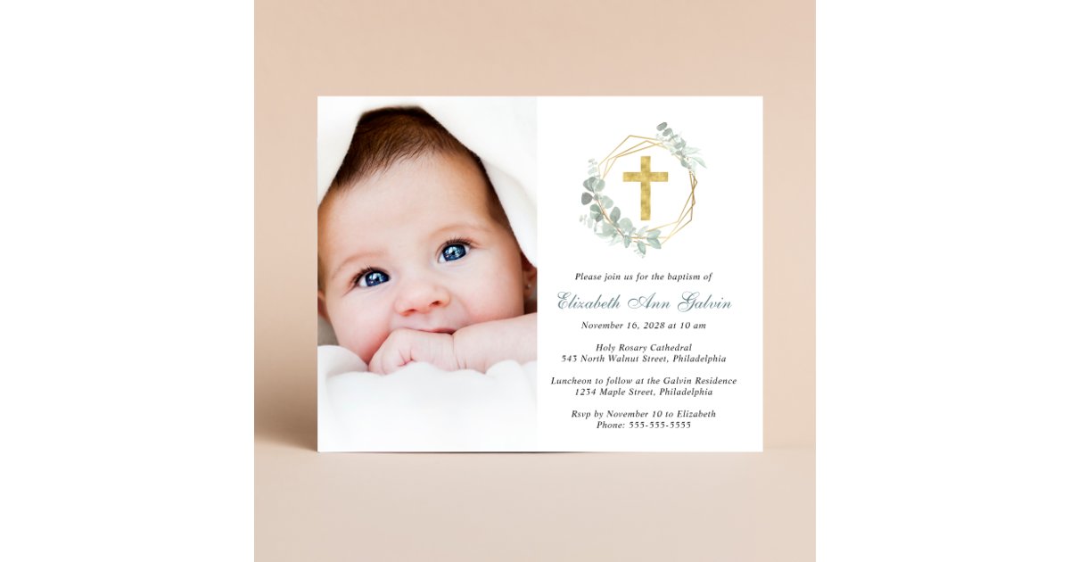 Eucalyptus Gold Cross Photo Baptism Invitation | Zazzle