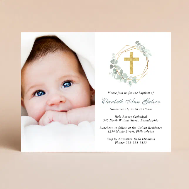 Eucalyptus Gold Cross Photo Baptism Invitation 