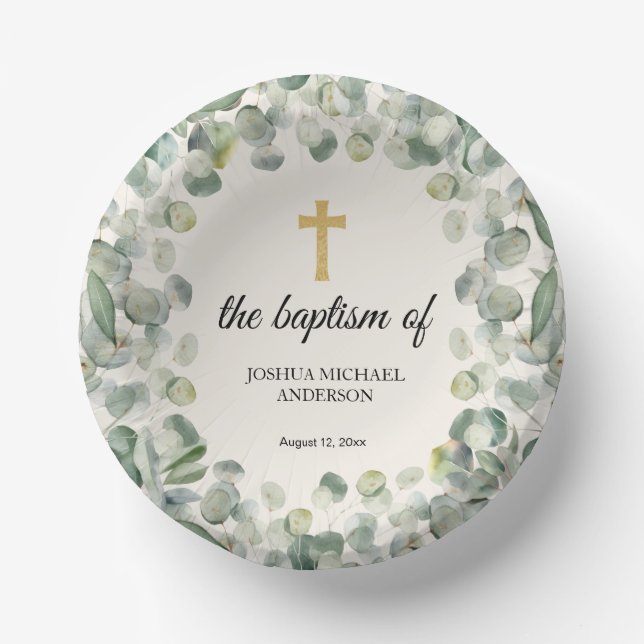 Eucalyptus Gold Cross Religious Baptism Paper Bowls (Front)