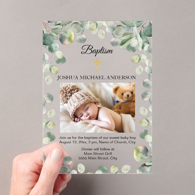 Eucalyptus Gold Cross Religious Baptism Photo Acrylic Invitations (Insitu (Handheld))