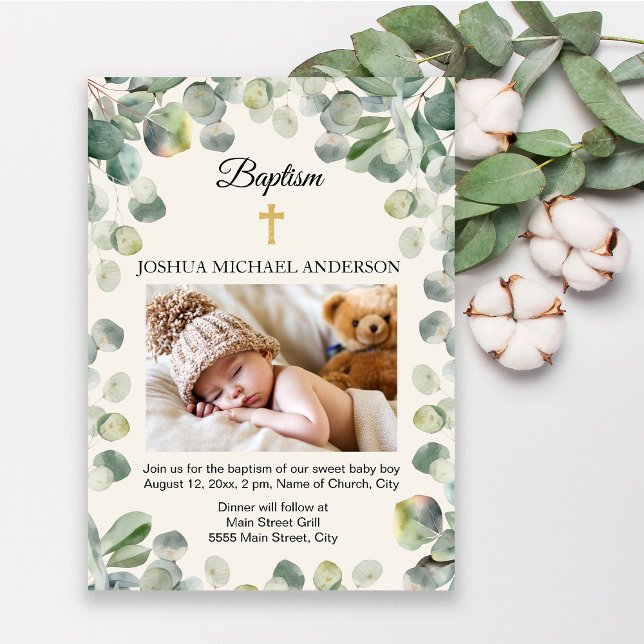 Eucalyptus Gold Cross Religious Baptism Photo Invitation (Elegant green eucalyptus leaves religious baby christening/baptism invitation. Add your photo)