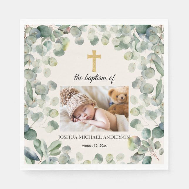 Eucalyptus Gold Cross Religious Baptism Photo Napkins (Front)