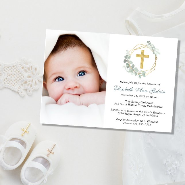 Eucalyptus Gold Cross Script Photo Baptism Invitation (Creator Uploaded)