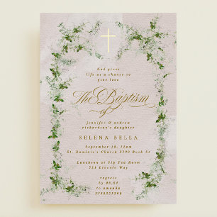 Eucalyptus Gold Cross Wreath Baptism Foil Invite