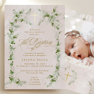 Eucalyptus Gold Cross Wreath Baptism Foil Photo Invitation