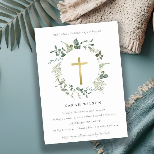 Eucalyptus Gold Cross Wreath First Holy Communion Invitation