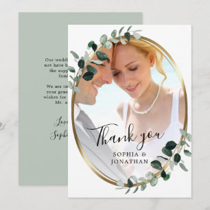 Eucalyptus Gold Elegant Script Photo Wedding Thank Thank You Card
