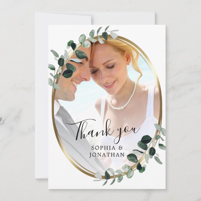 Eucalyptus Gold Elegant Script Photo Wedding Thank You Card (Front)