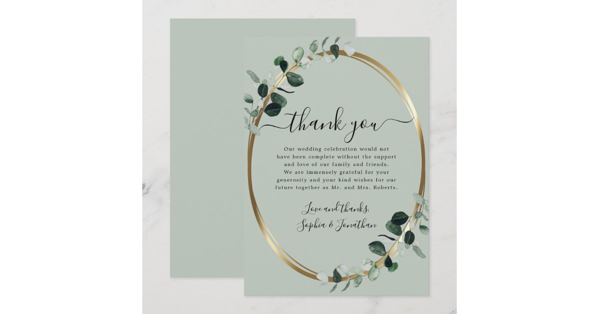 Eucalyptus Gold Elegant Script Sage Green Wedding Thank You Card | Zazzle
