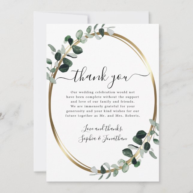 Eucalyptus Gold Elegant Script White Wedding Thank You Card (Front)