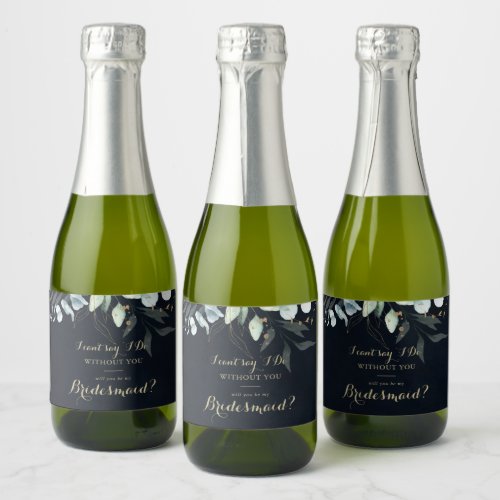Eucalyptus Gold Floral Blue Bridesmaid Proposal  Sparkling Wine Label