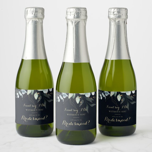 Eucalyptus Gold Floral Blue Bridesmaid Proposal  Sparkling Wine Label (Bottles)