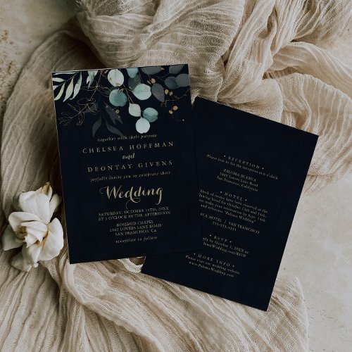 Eucalyptus Gold Floral Blue Front  Back Wedding Invitation