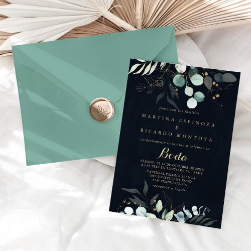 Eucalyptus Gold Floral Blue Spanish Wedding  Invitation