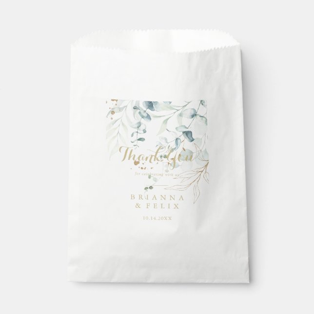 Eucalyptus Gold Floral Blue Thank You Wedding  Favor Bag (Front)