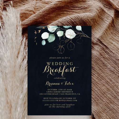 Eucalyptus Gold Floral Blue Wedding Breakfast  Invitation