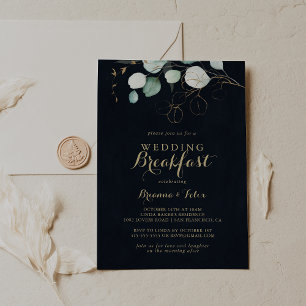 Eucalyptus Gold Floral Blue Wedding Breakfast Invitation