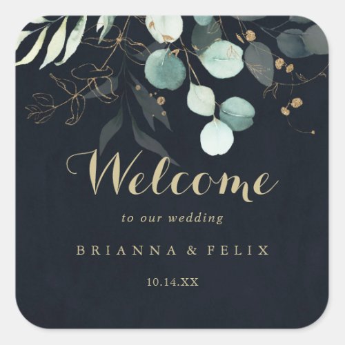 Eucalyptus Gold Floral Blue Wedding Welcome  Square Sticker