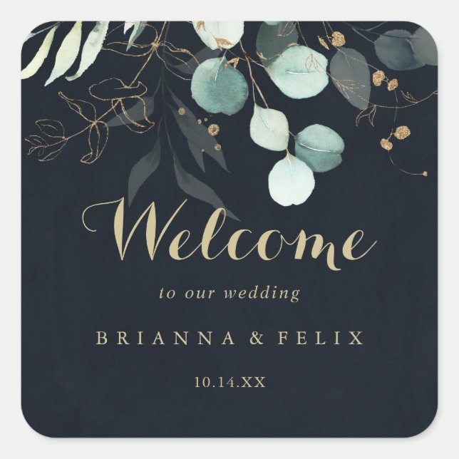 Eucalyptus Gold Floral Blue Wedding Welcome  Square Sticker (Front)