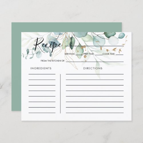 Eucalyptus Gold Floral Bridal Shower Recipe Card