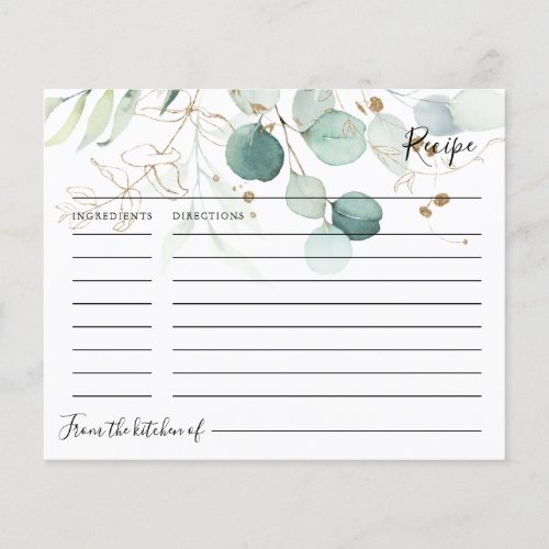 Eucalyptus Gold Floral Bridal Shower Recipe Card