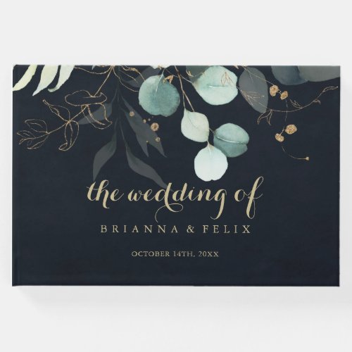 Eucalyptus Gold Floral Calligraphy Blue Wedding  Guest Book