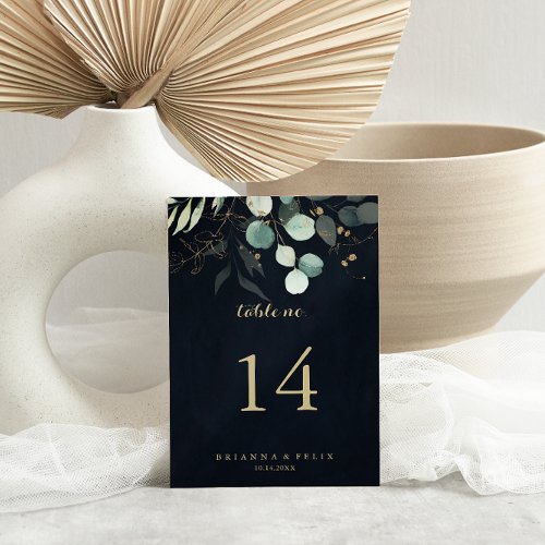 Eucalyptus Gold Floral Calligraphy Blue Wedding  Table Number
