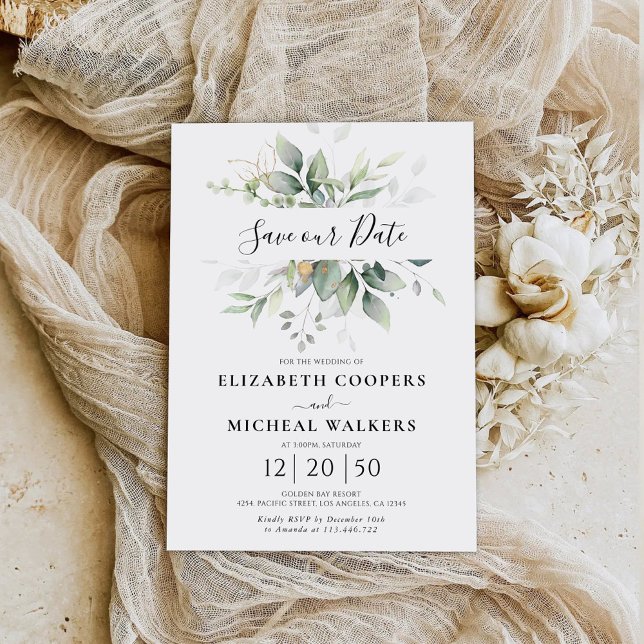 Eucalyptus Gold Floral Greenery Save Our Date Card (Creator Uploaded)