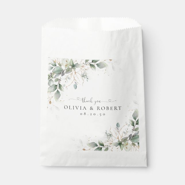 Eucalyptus Gold Floral Greenery Wedding Favor Bags (Front)