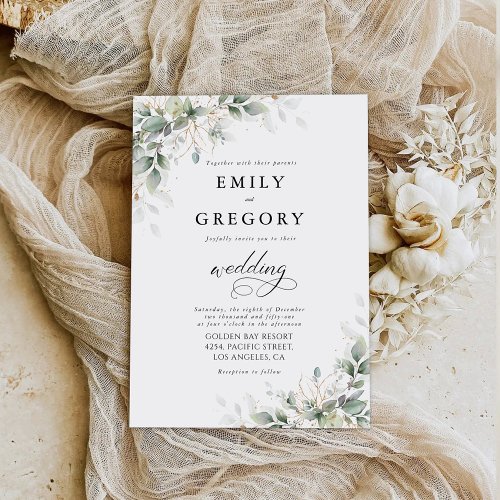 Eucalyptus Gold Floral Greenery Wedding Invitation