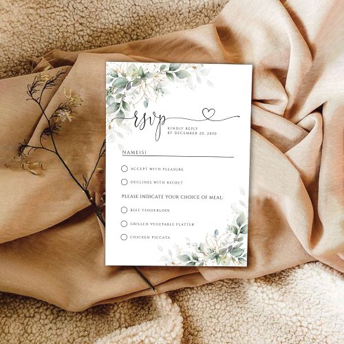 Eucalyptus Gold Floral Greenery Wedding RSVP Card