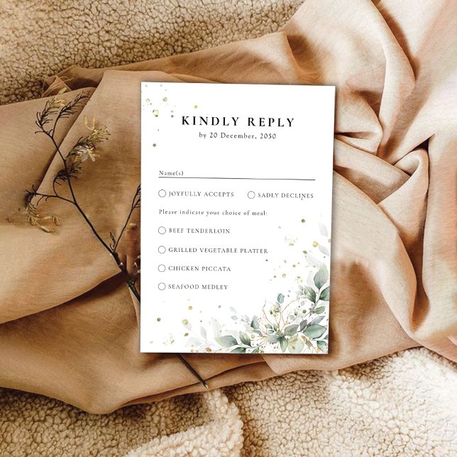 Eucalyptus Gold Floral Greenery Wedding RSVP Card (Creator Uploaded)
