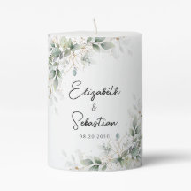 Eucalyptus Gold Floral Wedding Pillar Candle