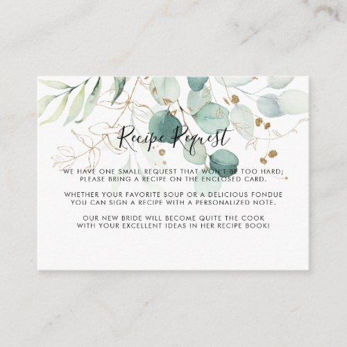 Eucalyptus Gold Floral Wedding Recipe Request  Enclosure Card