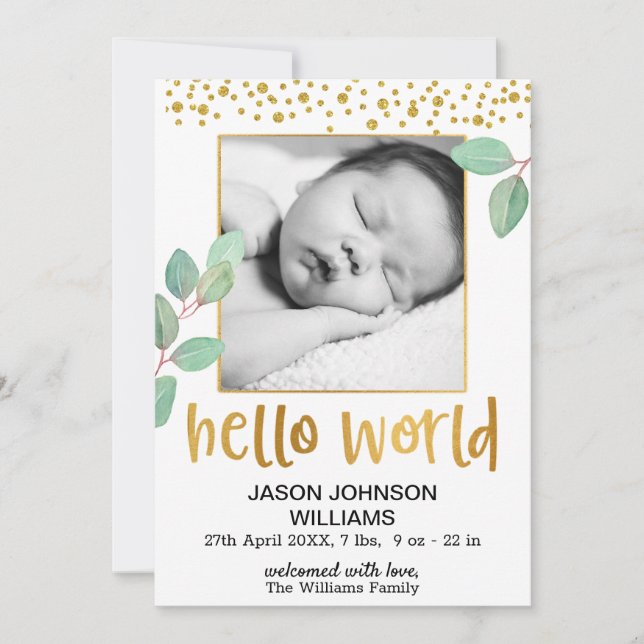 Eucalyptus Gold Foil Frame Hello World Baby Birth Announcement (Front)