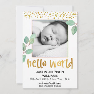 Eucalyptus Gold Foil Frame Hello World Baby Birth Announcement
