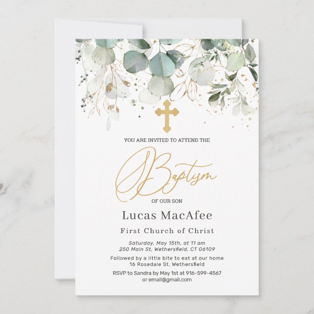 Eucalyptus Gold Foliage Cross Baptism  Invitation (Front)
