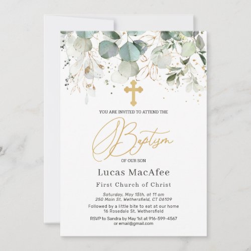 Eucalyptus Gold Foliage Cross Baptism  Invitation