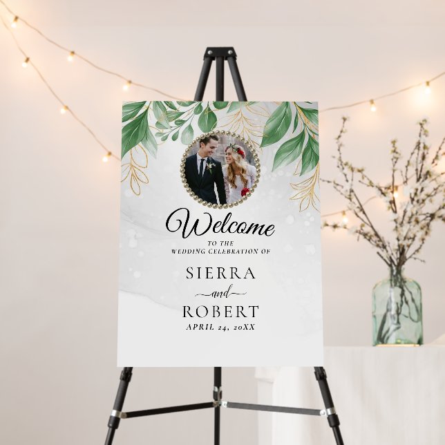 Eucalyptus Gold Foliage Photo Wedding Welcome Foam Board (In Situ (Stand))